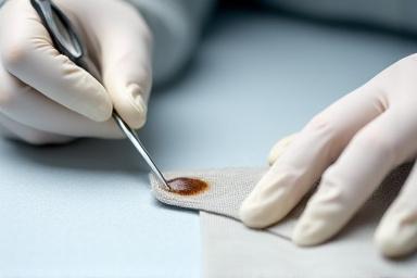 シミ抜き技術を示す職人の手元と拡大された生地