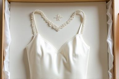 美しく保存されたウェディングドレスが専用の箱に収められている